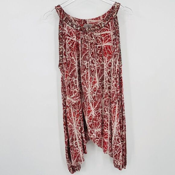 Free People Size Small Red & Gray Beaded Good Morning Cold Shoulder Tunic Top - Picture 9 of 11